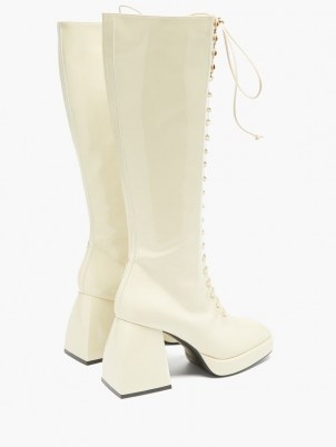 NODALETO Bulla Ward lace-up knee-high leather boots ~ white patent chunky heel boots - flipped