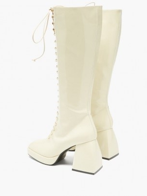 NODALETO Bulla Ward lace-up knee-high leather boots ~ white patent chunky heel boots