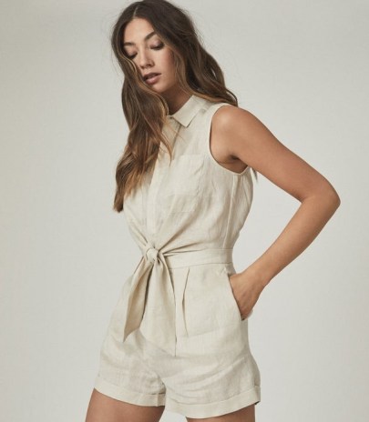 REISS EMA LINEN PLAYSUIT STONE ~ chic shirt style summer playsuits - flipped