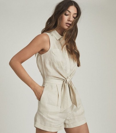 REISS EMA LINEN PLAYSUIT STONE ~ chic shirt style summer playsuits