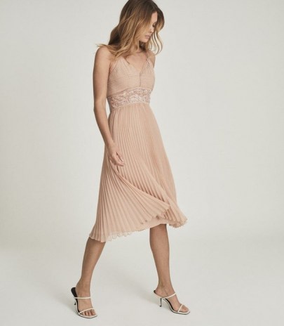 REISS EMMA LACE & PLEAT DETAILED MIDI DRESS NUDE ~ luxe occasion dresses