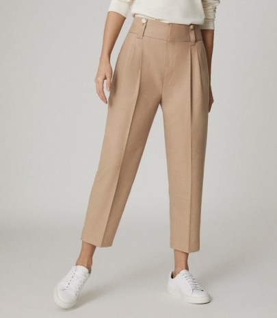 REISS ESTHER WOOL BLEND PLEAT FRONT TROUSERS CAMEL ~ light brown cropped pants - flipped