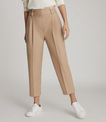 REISS ESTHER WOOL BLEND PLEAT FRONT TROUSERS CAMEL ~ light brown cropped pants