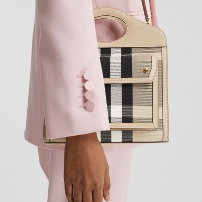 BURBERRY Mini Check Canvas and Leather Pocket Bag ~ checked crossbody bags with cut-out top handle - flipped