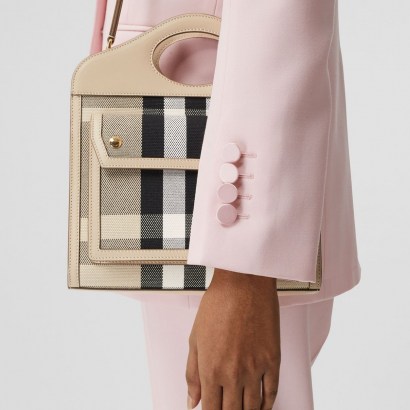 BURBERRY Mini Check Canvas and Leather Pocket Bag ~ checked crossbody bags with cut-out top handle