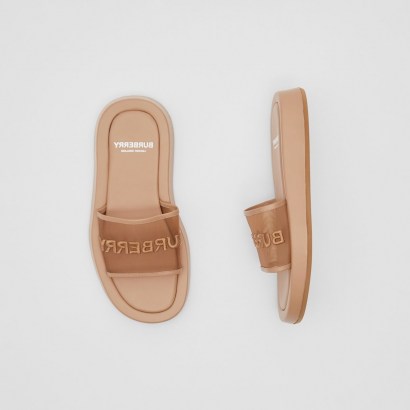 BURBERRY Embroidered Logo Mesh and Leather Slides in Camel ~ luxe deigner sliders - flipped