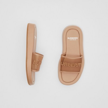 BURBERRY Embroidered Logo Mesh and Leather Slides in Camel ~ luxe deigner sliders