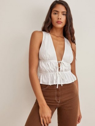 Reformation Feta Top | white ruched plunge front tops - flipped