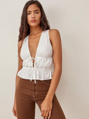 Reformation Feta Top | white ruched plunge front tops