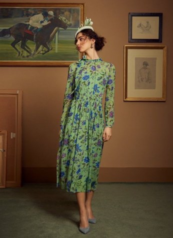 L.K. BENNETT GISH GREEN ROMANCE FLORAL PRINT TIE NECK SILK DRESS ~ summer occasion dresses - flipped