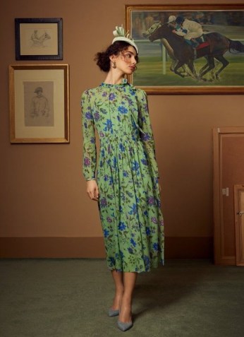 L.K. BENNETT GISH GREEN ROMANCE FLORAL PRINT TIE NECK SILK DRESS ~ summer occasion dresses