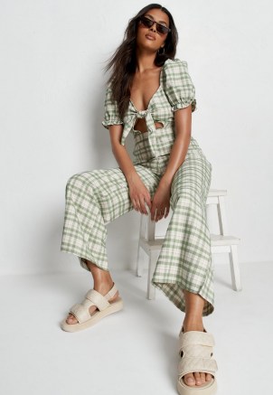 MISSGUIDED green check tie front wide leg jumpsuit / cut out jumpsuits - flipped