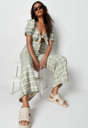 MISSGUIDED green check tie front wide leg jumpsuit / cut out jumpsuits