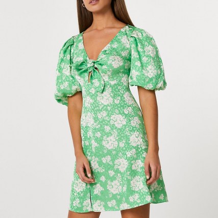 RIVER ISLAND Green floral print tie front mini dress ~ puff sleeve summer dresses - flipped