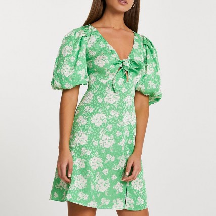 RIVER ISLAND Green floral print tie front mini dress ~ puff sleeve summer dresses