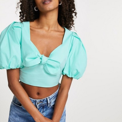 River Island Green tie front puff sleeve crop top - flipped
