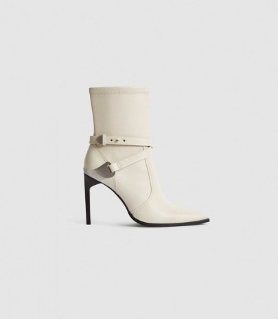 REISS HAYWORTH HIGH LEATHER POINT-TOE BOOTS OFF WHITE ~ strap detail calf-length boot - flipped
