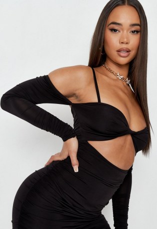 helena critchley x missguided black slinky twist front cut out mini dress