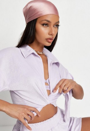 helena critchley x missguided lilac towelling tie front crop shirt - flipped