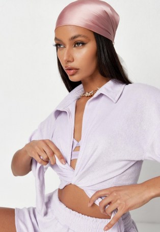 helena critchley x missguided lilac towelling tie front crop shirt