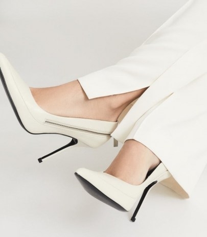 REISS HOXTON COURT LEATHER ZIP DETAIL COURT SHOES OFF WHITE ~ sexy stiletto heel courts - flipped