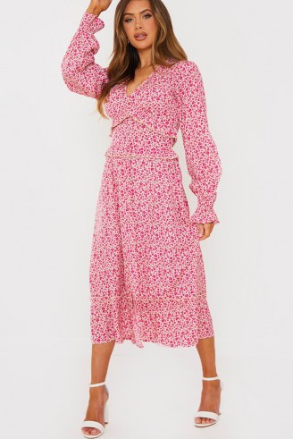 JAC JOSSA PINK FLORAL MIDI DRESS WITH FRILL DETAIL ~ romantic celebrity inspired summer dresses - flipped