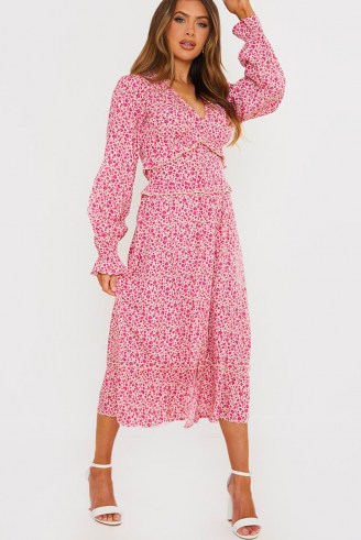 JAC JOSSA PINK FLORAL MIDI DRESS WITH FRILL DETAIL ~ romantic celebrity inspired summer dresses