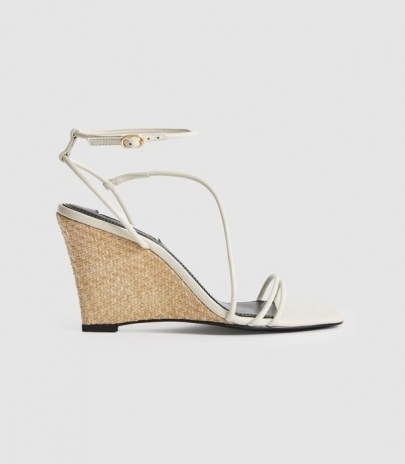 REISS KALI WEDGE LEATHER STRAPPY WEDGED SANDAL OFF WHITE ~ skinny strap wedge heels - flipped