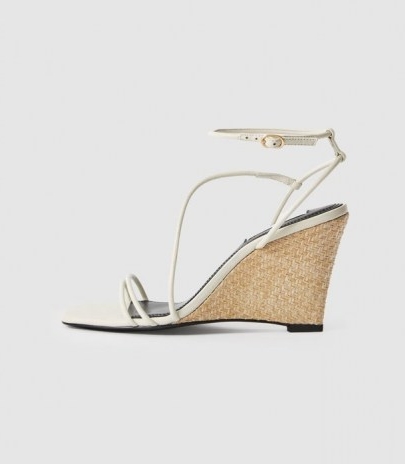 REISS KALI WEDGE LEATHER STRAPPY WEDGED SANDAL OFF WHITE ~ skinny strap wedge heels