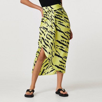 RIVER ISLAND Lime animal print midi skirt / asymmetric twist detail skirts - flipped