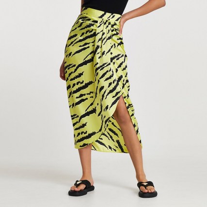 RIVER ISLAND Lime animal print midi skirt / asymmetric twist detail skirts