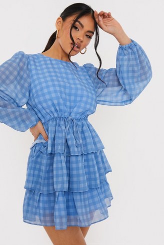LORNA LUXE BLUE CHECK ‘LUCIA’ BALLOON SLEEVE TIERED SMOCK DRESS / romantic checked dresses - flipped