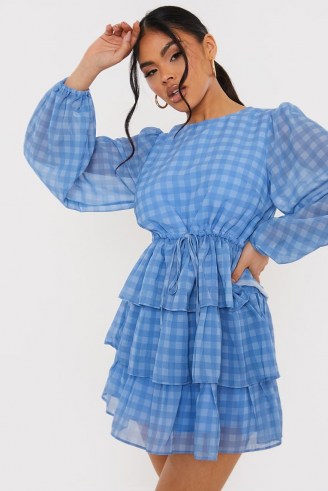 LORNA LUXE BLUE CHECK ‘LUCIA’ BALLOON SLEEVE TIERED SMOCK DRESS / romantic checked dresses