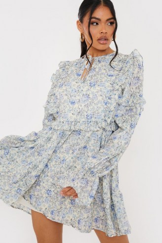LORNA LUXE BLUE FLORAL ‘GIRL’S GIRL’ FRILL LONG SLEEVE DAY DRESS / romantic ruffle trim dresses - flipped