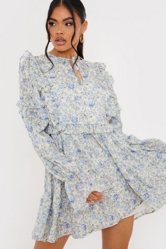 LORNA LUXE BLUE FLORAL ‘GIRL’S GIRL’ FRILL LONG SLEEVE DAY DRESS / romantic ruffle trim dresses