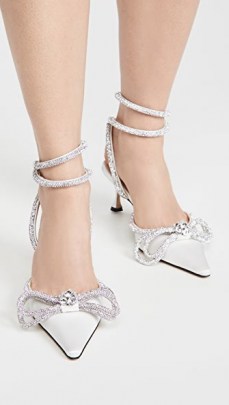 MACH & MACH White Satin Double Bow Pumps – luxe white crystal embellished pointed toe shoes