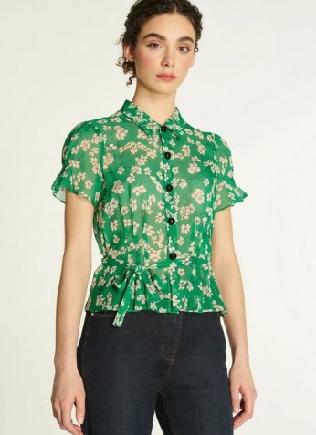 L.K. Bennett MAISIE GREEN DAISY PRINT SILK GEORGETTE BLOUSE | floral vintage style blouses | retro fashion - flipped