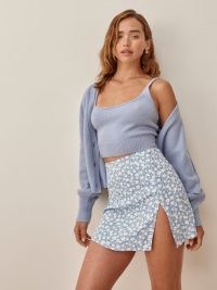 Reformation Margot Skirt | light blue floral mini skirts with thigh high slit
