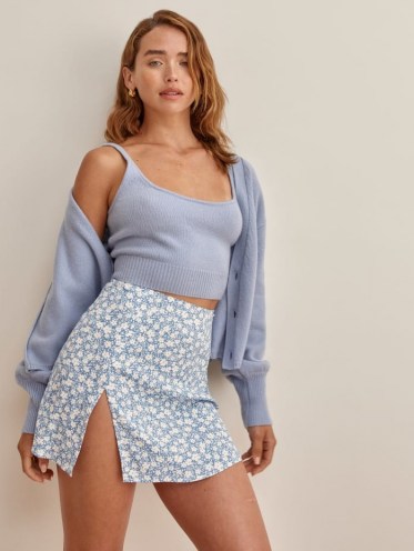 Reformation Margot Skirt | light blue floral mini skirts with thigh high slit - flipped