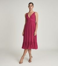REISS MARIE STRIPED MIDI DRESS PINK / feminine low-cut neckline dresses