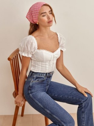 Reformation Miraflores Top | white puff sleeve fitted bodice tops - flipped