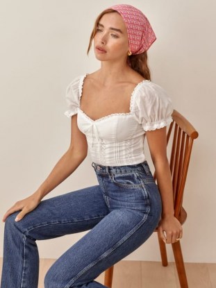 Reformation Miraflores Top | white puff sleeve fitted bodice tops