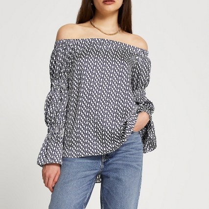 River Island Navy RI monogram bardot top – off the shoulder tops with smocked long sleeves - flipped