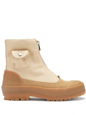 JW ANDERSON Beige patch-pocket zipped canvas duck boots ~ chunky front zip-up utility style boot - flipped