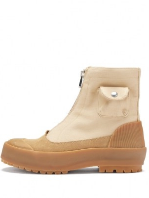 JW ANDERSON Beige patch-pocket zipped canvas duck boots ~ chunky front zip-up utility style boot