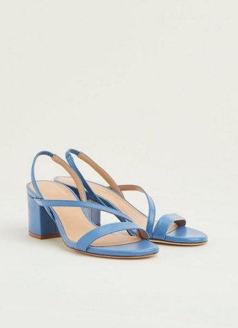 L.K. BENNETT NINE BLUE ASYMMETRIC BLOCK HEEL SANDALS / strappy chunky heel slingbacks - flipped