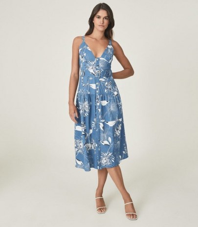 REISS NOAH PRINTED BUTTON THROUGH MIDI DRESS BLUE / classic style summer dresses - flipped