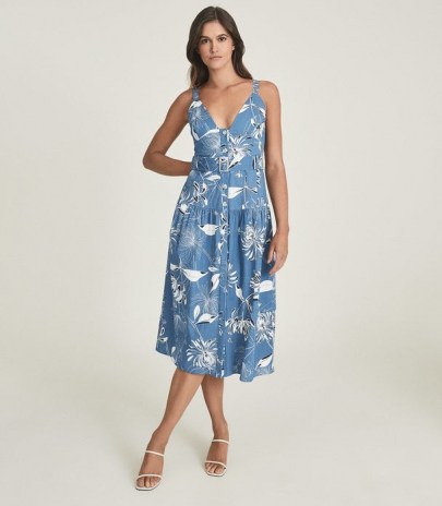 REISS NOAH PRINTED BUTTON THROUGH MIDI DRESS BLUE / classic style summer dresses