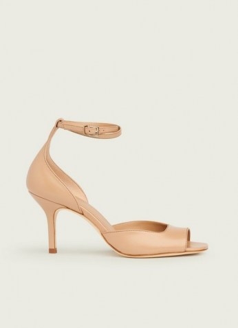 L.K. BENNETT NOREEN BEIGE LEATHER SANDALS / luxe ankle strap peep toe shoes - flipped