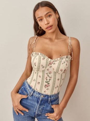 Reformation Novena Top in Heath floral print | strappy fitted bodice tops